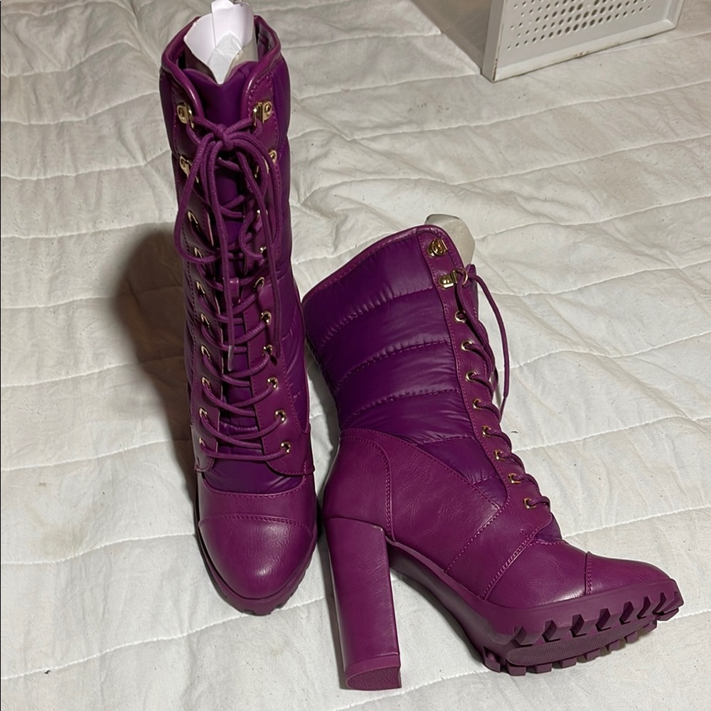 Purple Lace-Up Boots with Chunky Heel and Rugged Sole
